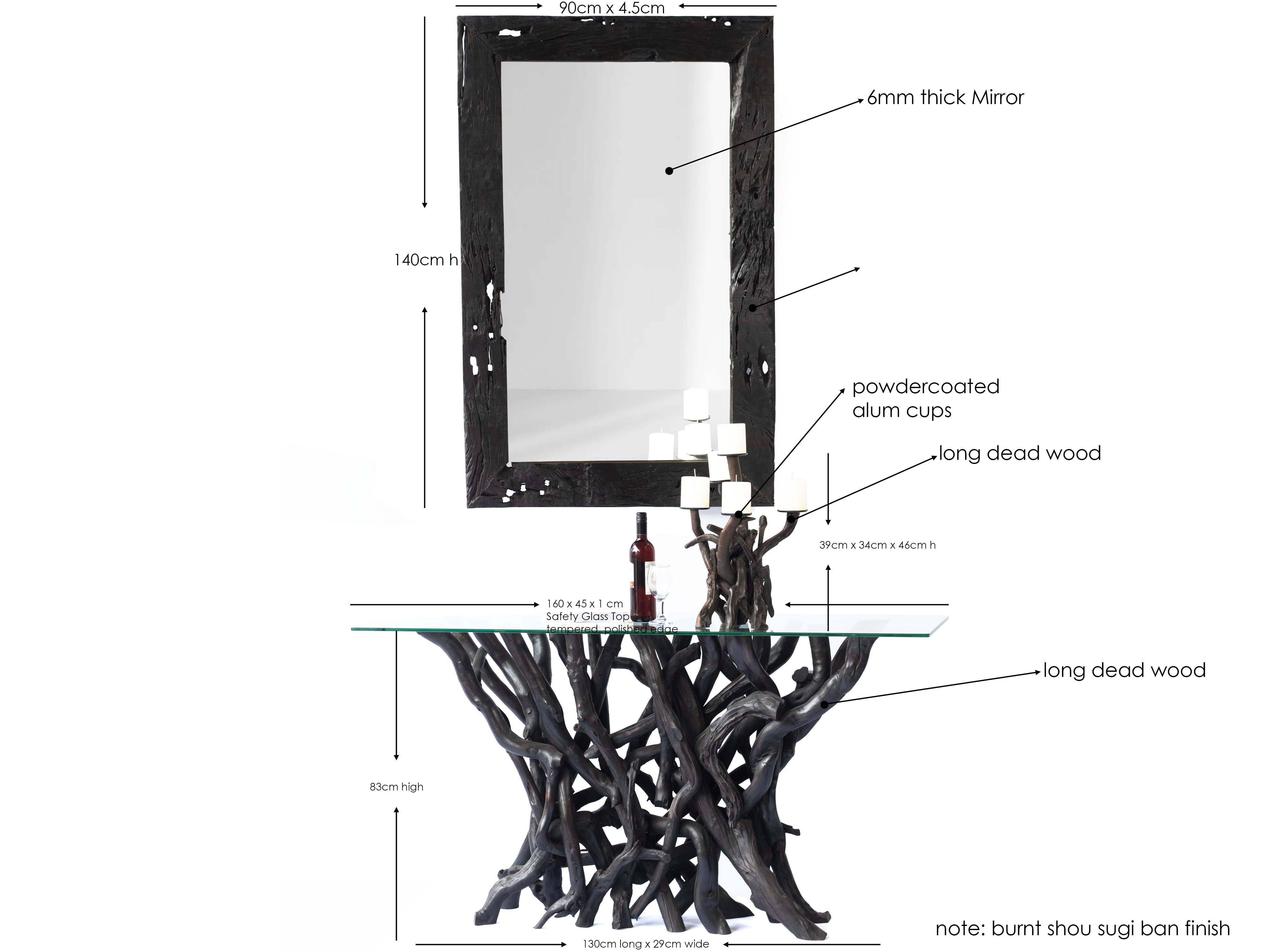 Black Driftwood Console Table, Mirror and Candelebra Set