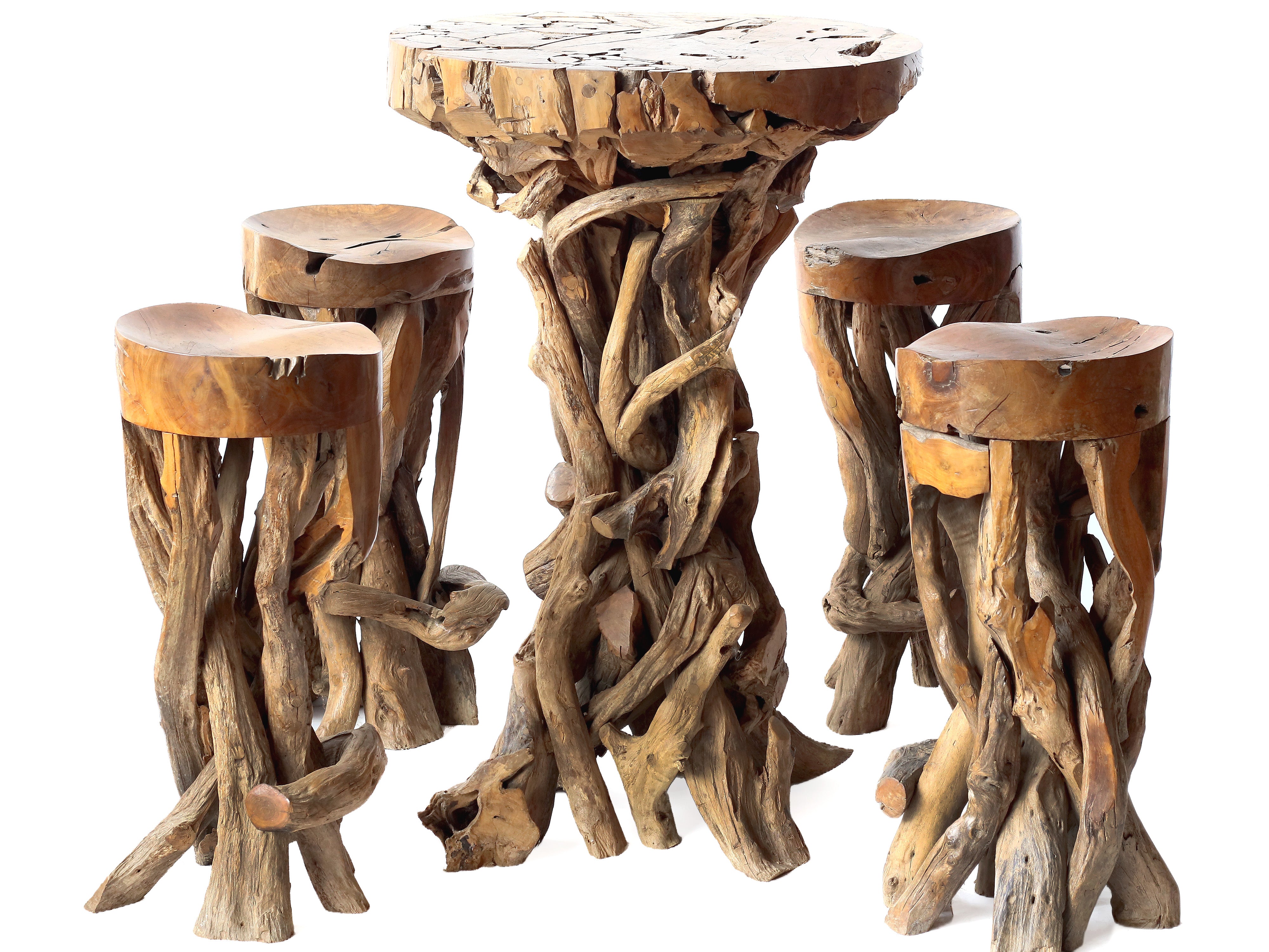 Driftwood Trunk Round Bar Table and 4 Stools